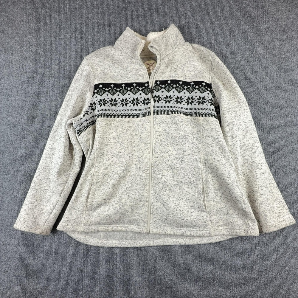 VTG Faded Glory Jacket Womens 3X Beige Fair Isle Fleece Full Zip Faux Fur Lined
